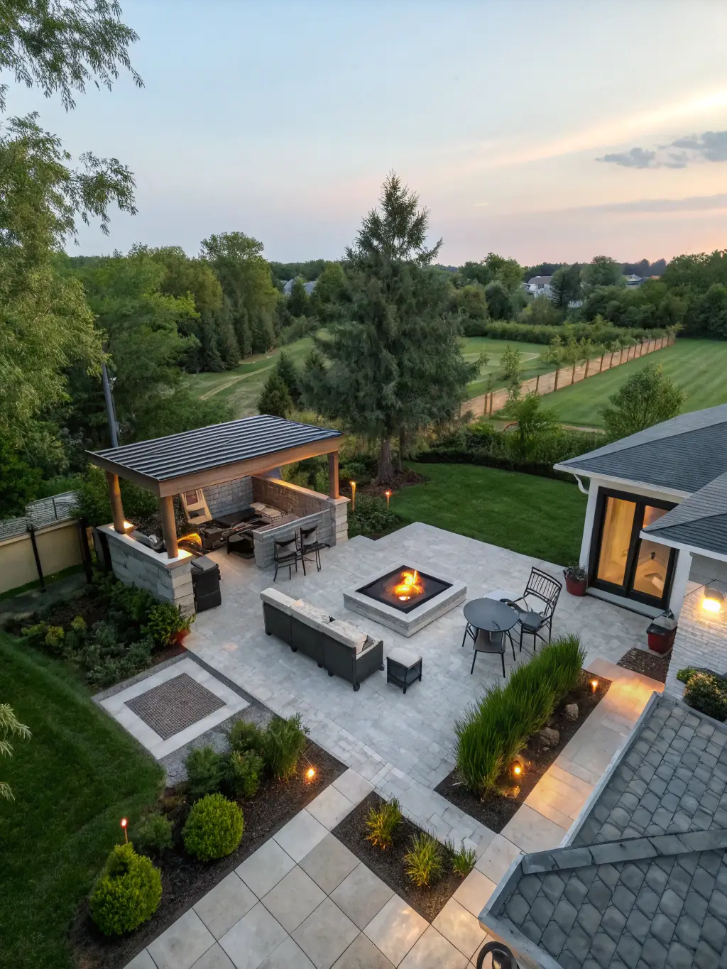 An aerial view of a custom-designed concrete patio featuring a built-in fire pit and comfortable seating, highlighting the patio's layout and functionality.