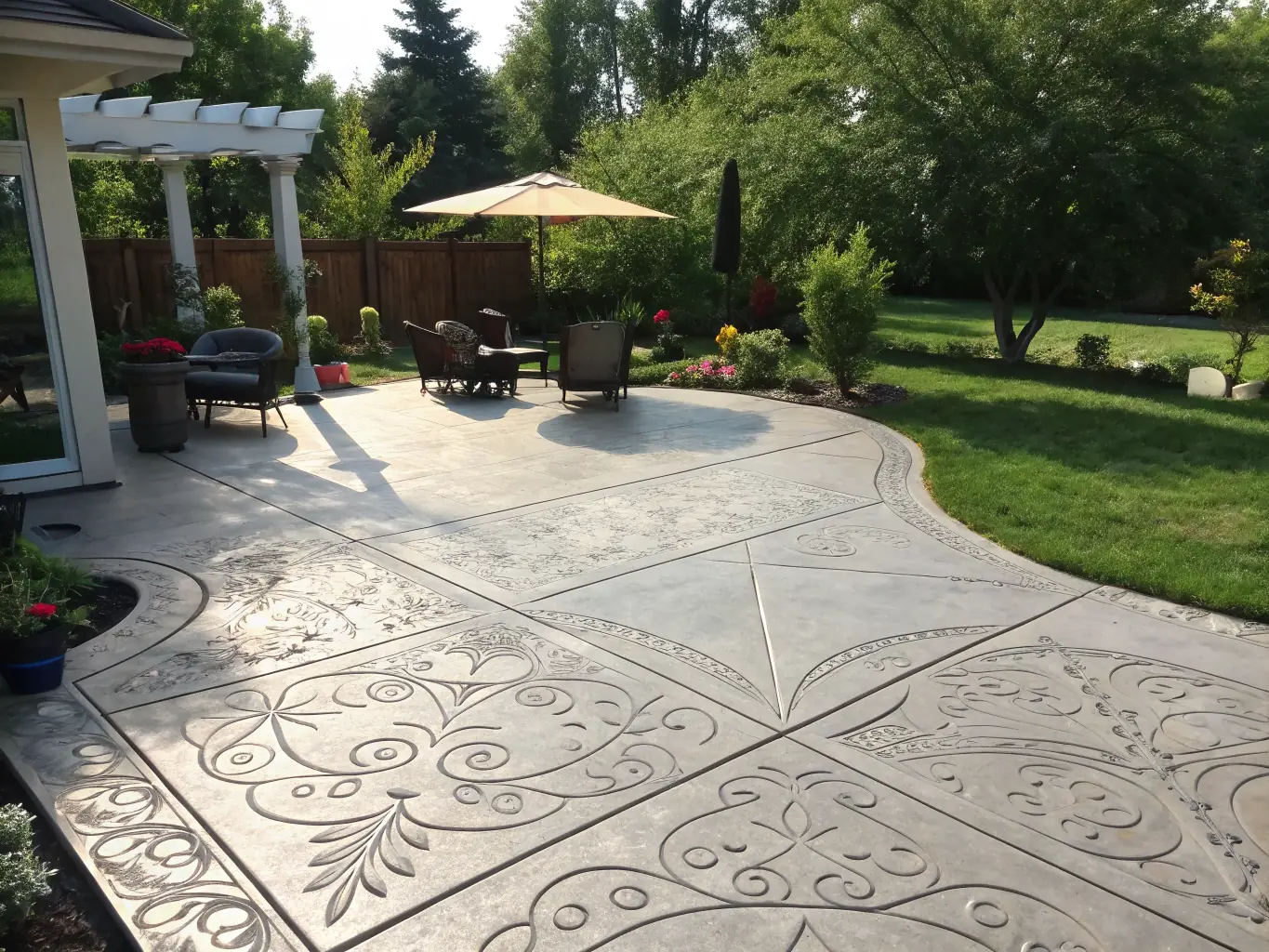 A vibrant stamped concrete backyard with seating and decorative features.