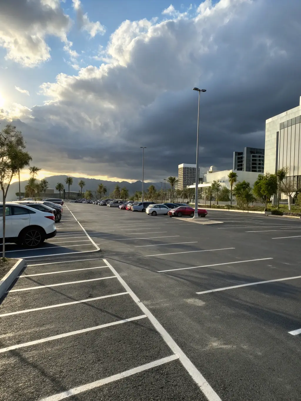 A wide shot of a large commercial parking lot paved with asphalt, showing the smooth surface and professional striping.